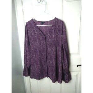 Simply Emma Purple Grey 3X Blouse Button V Neck Balloon Flare Sleeve Career
